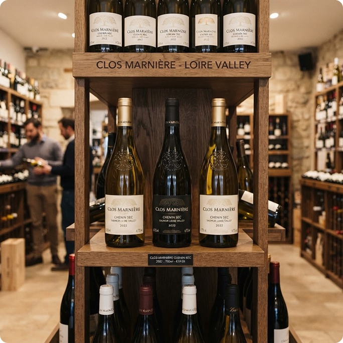 Shelf photo of the placement: a wooden floor display of Clos Marnière Chenin Sec in a wine shop.