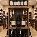 Wooden floor display in a wine shop, stacked with the placed Chenin Sec.